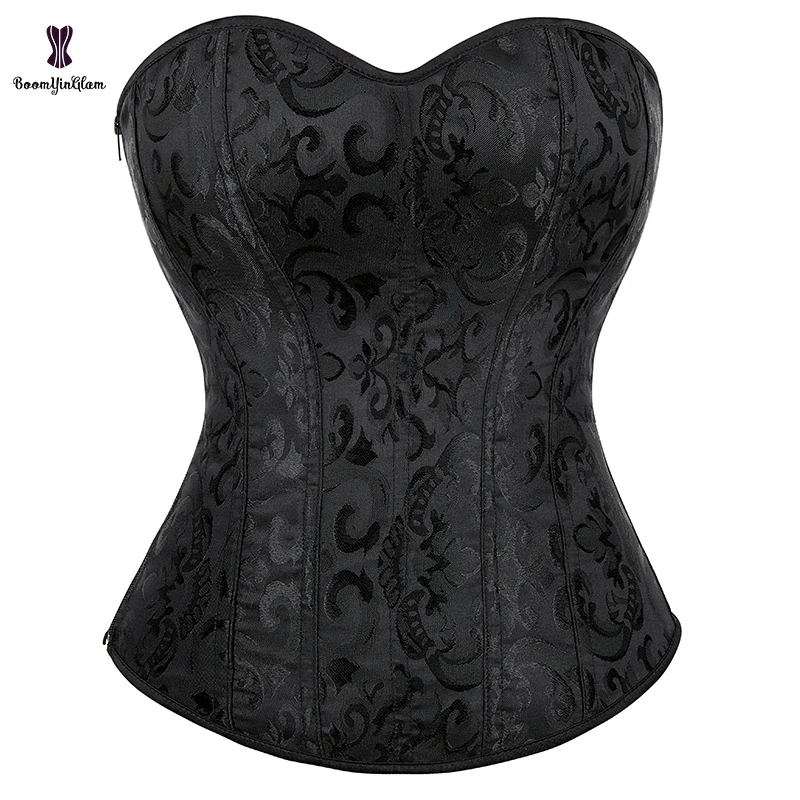 2023 New Side Zip Push Up Corset Top Jacquard Lace Bond Gothic Vintage Corselet Overbust Korsett Women With T String Plus Size