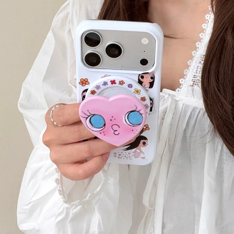 

Kawaii Cartoon Flower Girl Magnetic Phone Case For iPhone 16 Pro 17 15 Pro Max Cover with Love Stand Hard Protective Cases For M