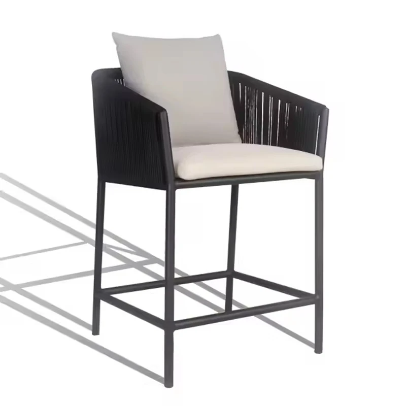 

Modern Outdoor Terrace Bar Stool Commercial Restaurant Bar Counter Highly Durable Rattan Furniture Black Braided Rope