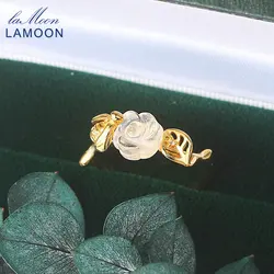 LAMOON 925 Sterling Silver Ring For Women Rose & Bee Natural Rose Quartz Cocktail Ring 14K Gold Plated Fine Jewelry LMRI110