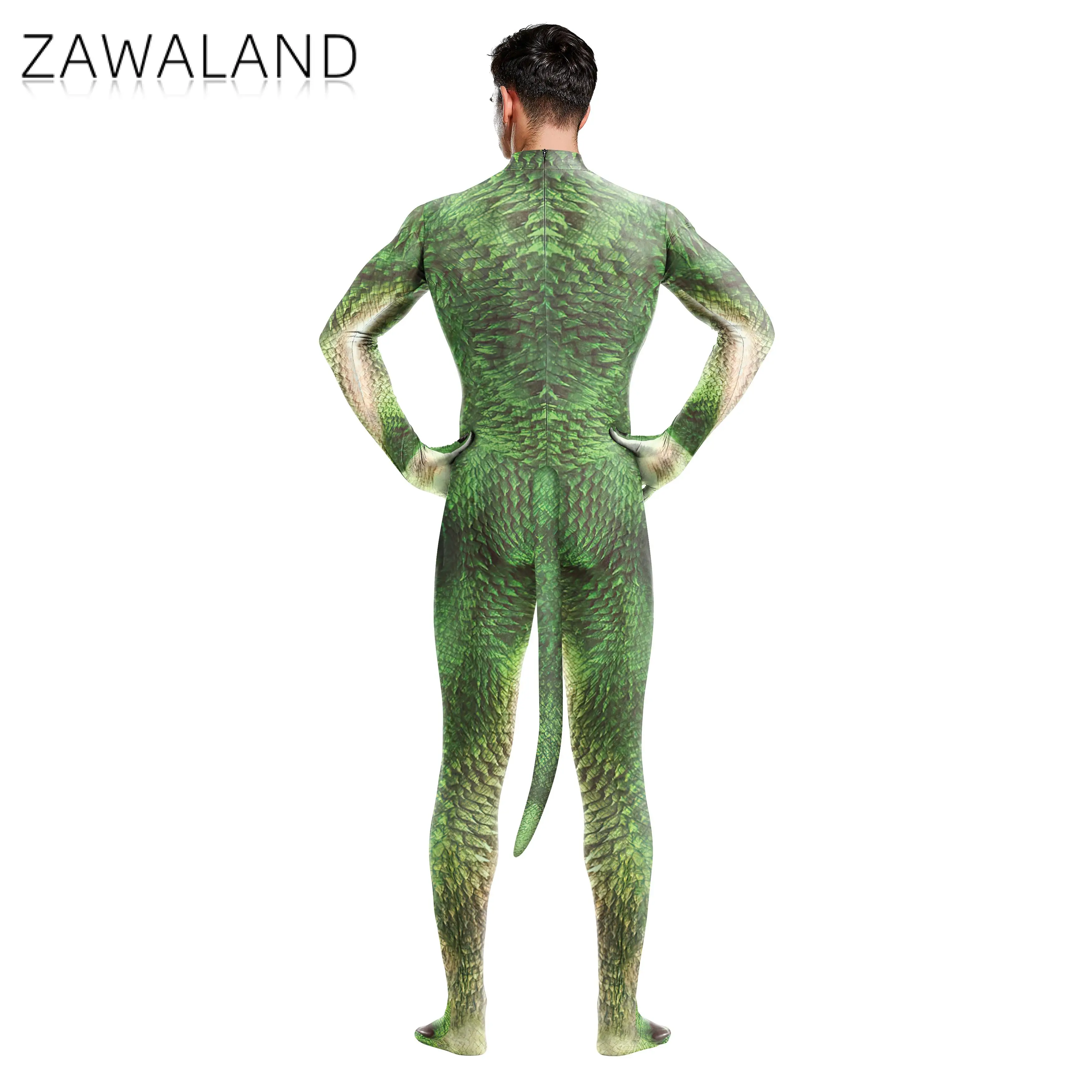 Zawaland บอดี้สูทฮาโลวีนชุดไดโนเสาร์ผู้ชายพร้อมหางเต็มยืดหยุ่นชุด zentai คอสเพลย์สัตว์มังกรพิมพ์ลาย