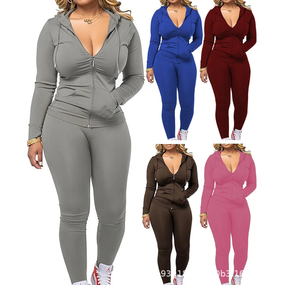 

Women's Casual Sexy Long-sleeved Zipper Hooded Two-piece Sports Suit Europe and America