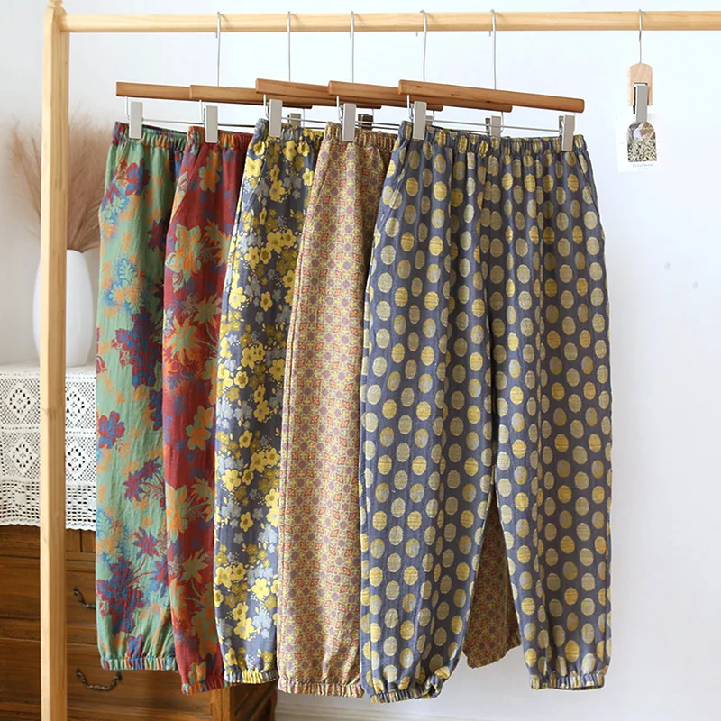 Spring Summer Women's Pajamas Pants Cotton Crepe Printed Pants Comfortable Loose Elastic Waist Large Home Thin Bottoms Trousers