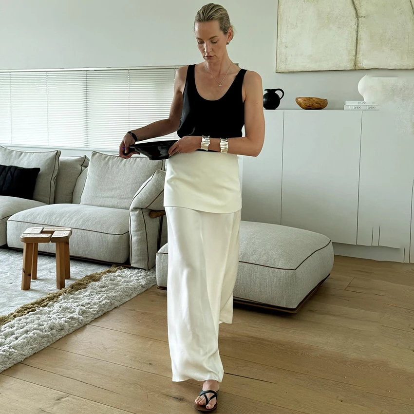 Linad Elegant Satin White Long Skirts For Woman Office Folds A Line Skirts Summer Casual Solid Ankle Length Skirt 2025 Spring