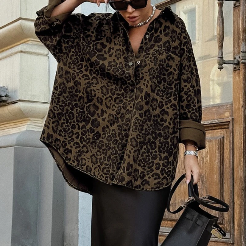 

Autumn Winter Lopard Printed Shirt Vintage Woman Single Breasted Lapel Loose Casual Long Sleeve Jacket Outwear Retro Harajuku