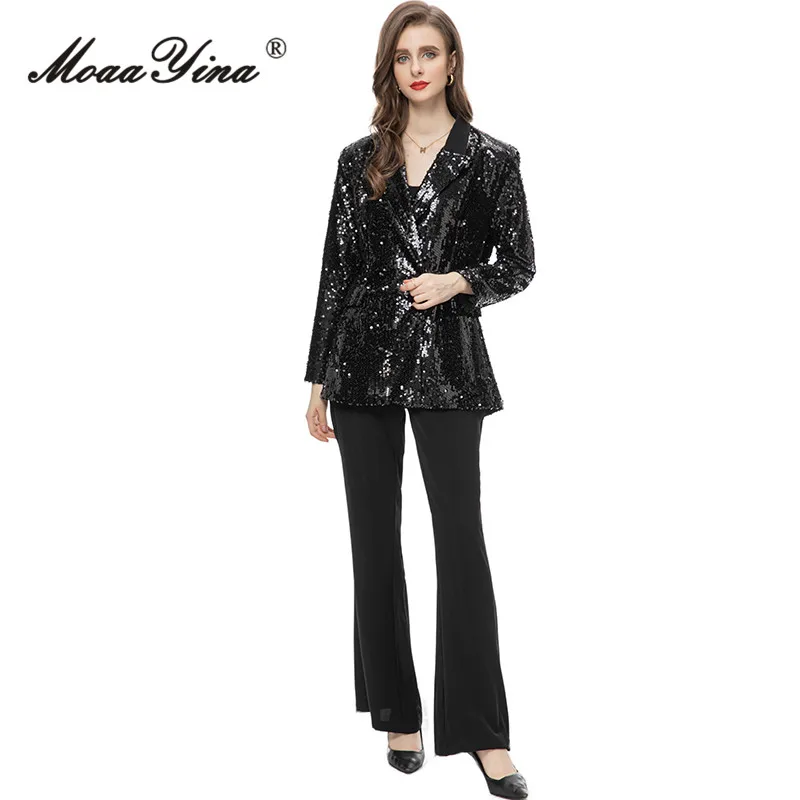 

MoaaYina Autumn Fashion Designer Black Vintage Pants Set Women's Lapel Sequins Pockets Slim Suit Coat+Flare Trousers 2 Piece Set