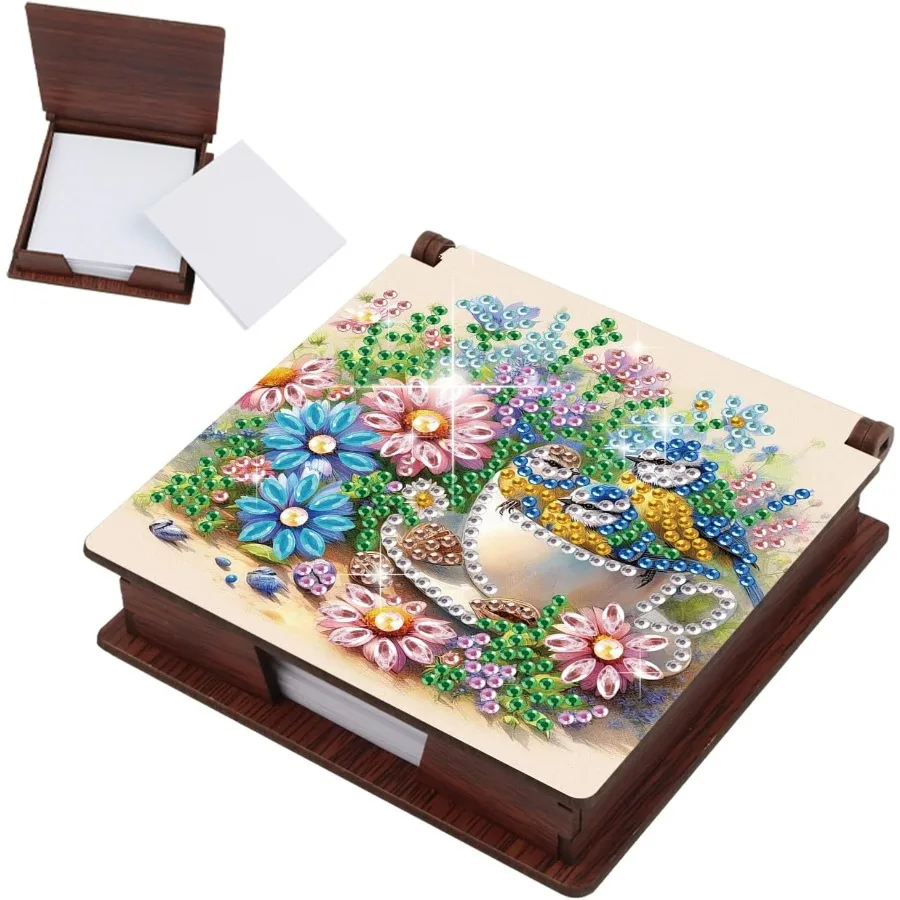 Note Storage Box Diamond Art Painting Wooden Message Paper Storage Note Box Reusable Sticky Note Holder for Work Desk Organizat
