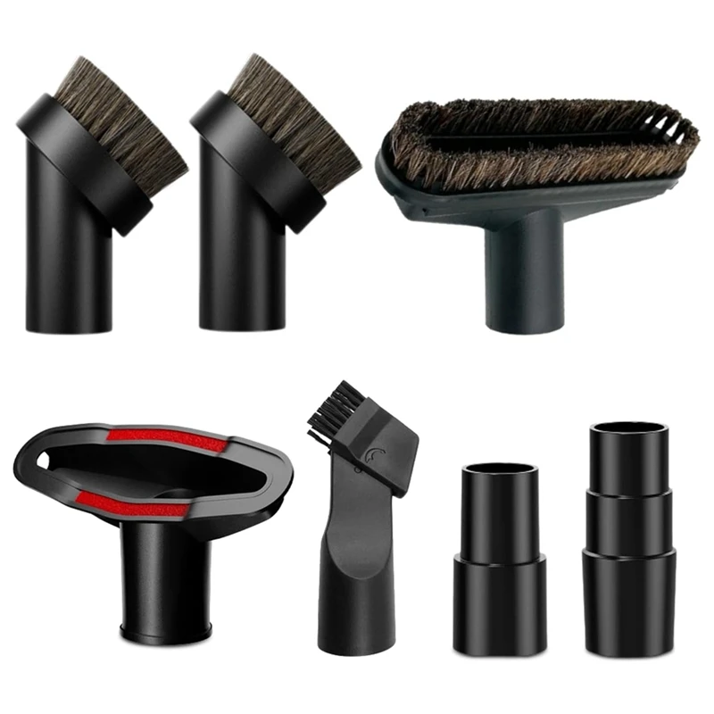 7Pcs Vacuum Brush Attachment & Adapter 1.25 Inch Soft Horsehair Round Brush Vacuum Floor Brush Upholstery Tool Easy Install