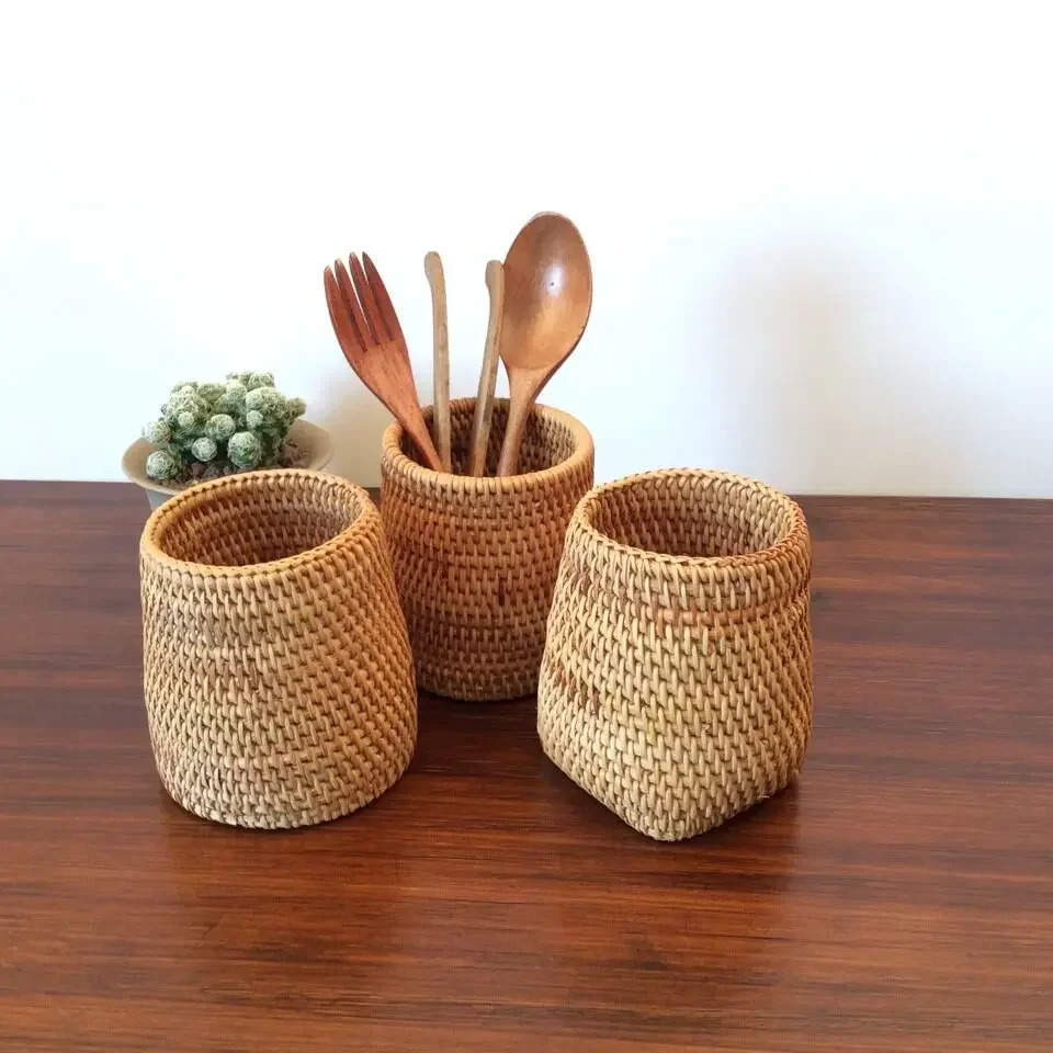 Rattan Pen Holders Desk Accessories Storage Box Home Desktop Organizer Baskets Office School Supplies Stationery Holder