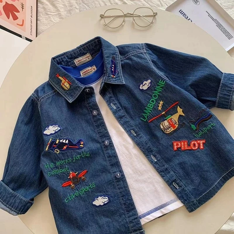 Fashion Boys denim shirt cartoon Embroidery Kids long sleeve Coat children loose casual denim jacket