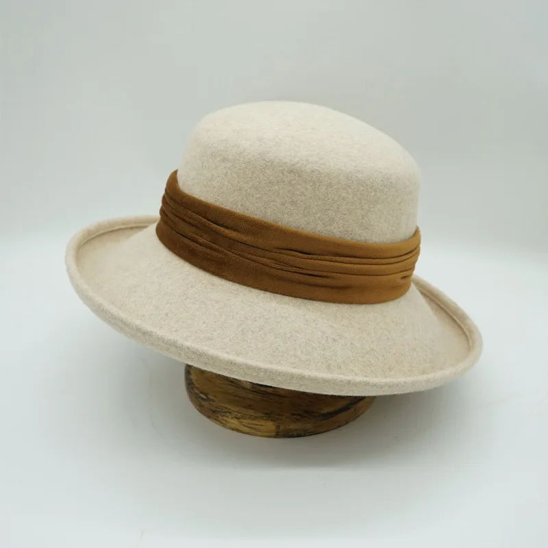 

2023 New Elegant Retro Small Fragrance Beige Wool Top Hat Women's Autumn and Winter British French Versatile Pot Hat Plush Felt