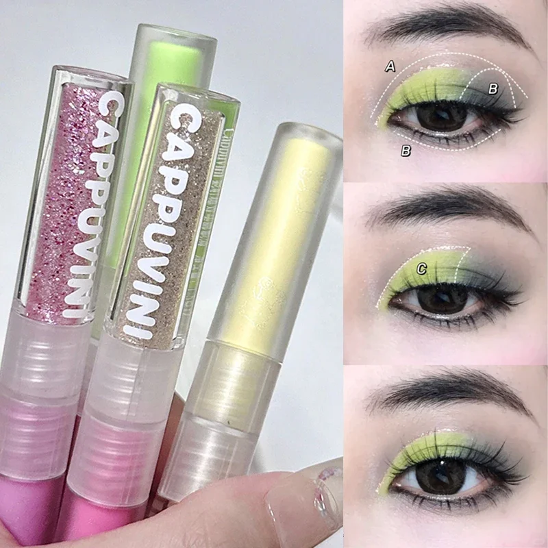 Sombra de ojos líquida resistente al agua, brillo mate, pigmento verde y amarillo, contorno de ojos de doble cabeza, crema de sombra de ojos, maquillaje cosmético