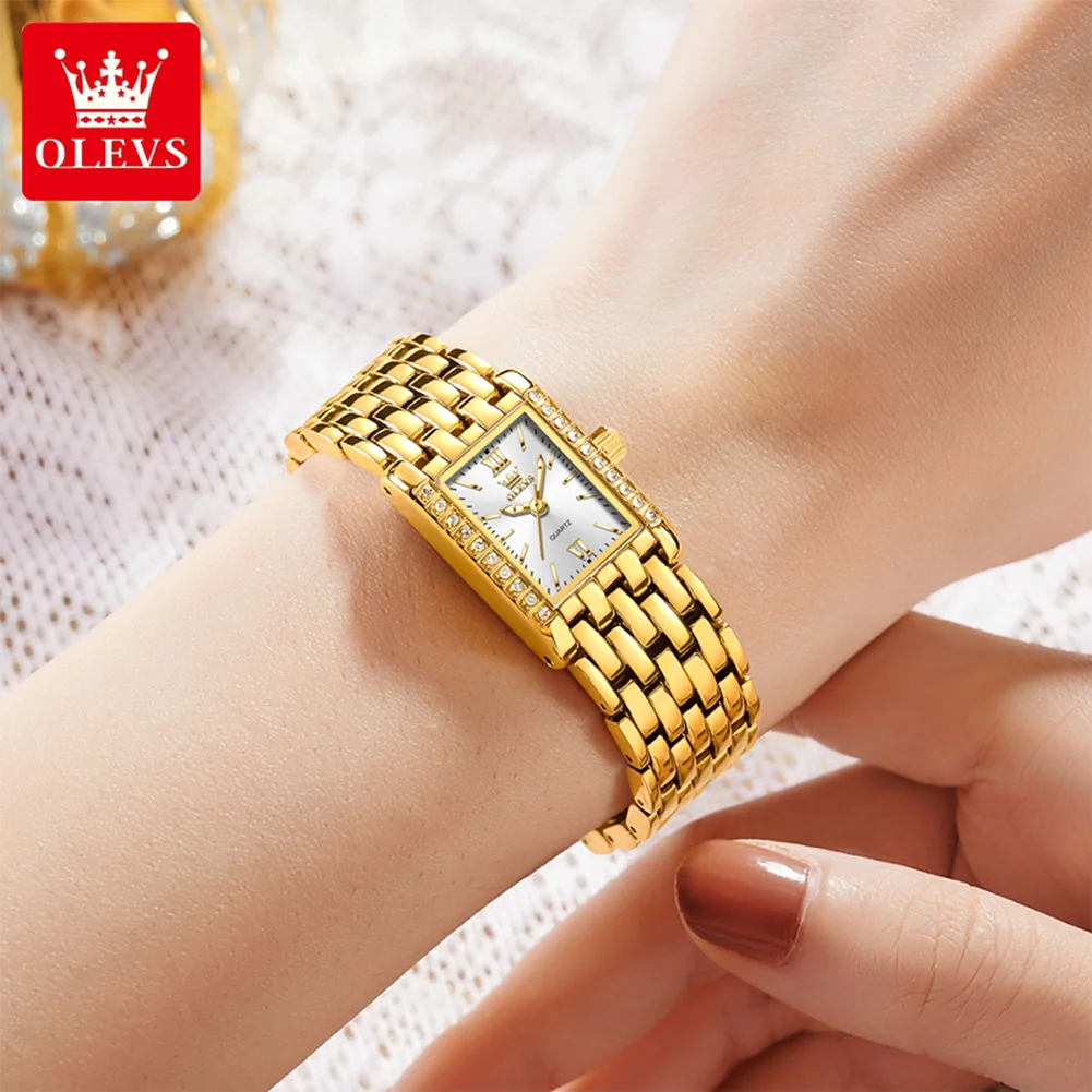 OLEVS 3700 Elegant Fashion Gold Woman Watches Stainless Steel Square Quartz Watch Waterproof Laides Watch Original New Reloj