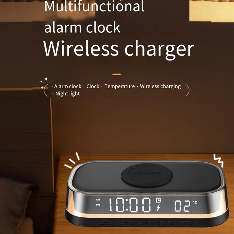 Wireless Charger 15W Multi-Function Desktop Wireless Charger Clock Alarm Thermometer Night Light-[Y03A]