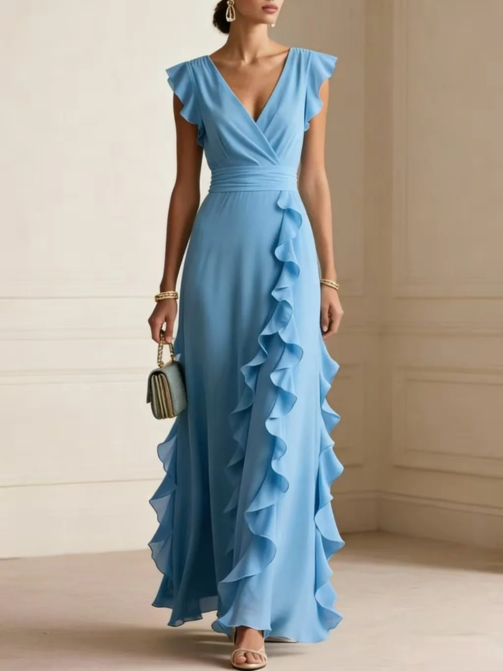 Vestido Largo de Gasa con Cuello en V y Volantes para Mujer, Sin Mangas, para Invitadas de Boda, Fiestas Nocturnas, Vestido Formal
