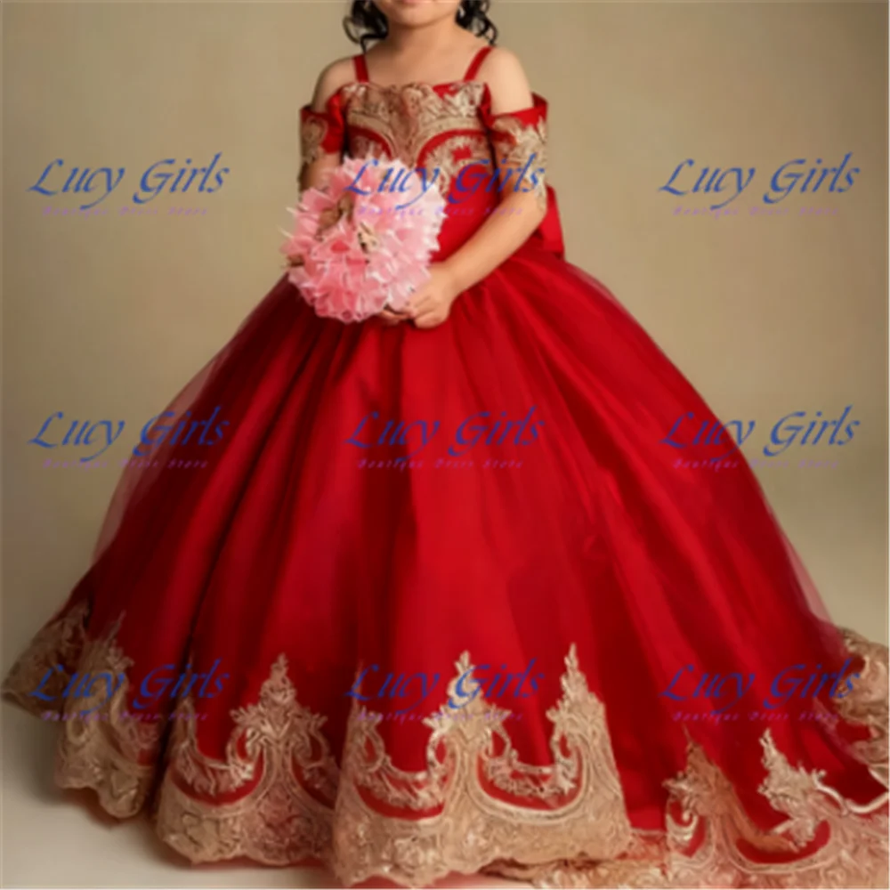 

Lovely Pink Flower Girl Dress Tulle Fluffy With Gold Lace Applique For Little Princess Wedding Kids Birthday Party Evening Gowns