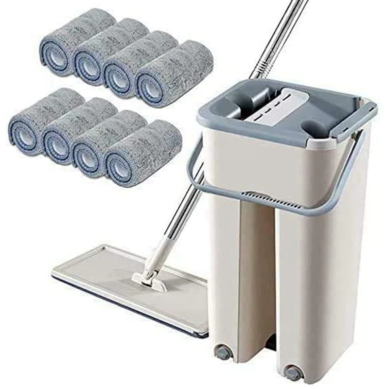 ABXF-Floor Mop Set 360 Degree Rotation Telescopic Handle Self-Cleaning Flat Mop With Microfibre Pads And Cleaning Bucket