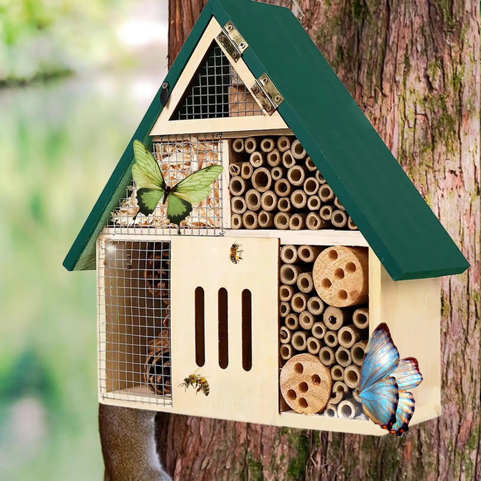 

Wooden Bee Hotel Ladybug Habitat Weatherproof Hive Decoration Bee Butterfly Shelter for Tree Backyard Garden Supplies