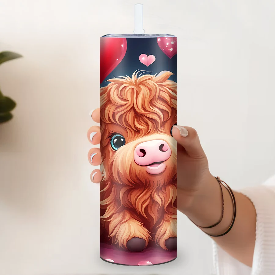 1Pc Valentine's Day Skinny Straight Tumblers Straw Lid  Print 3D Cute Highland Cow Party Festive Coffee Cups Insulated Mugs