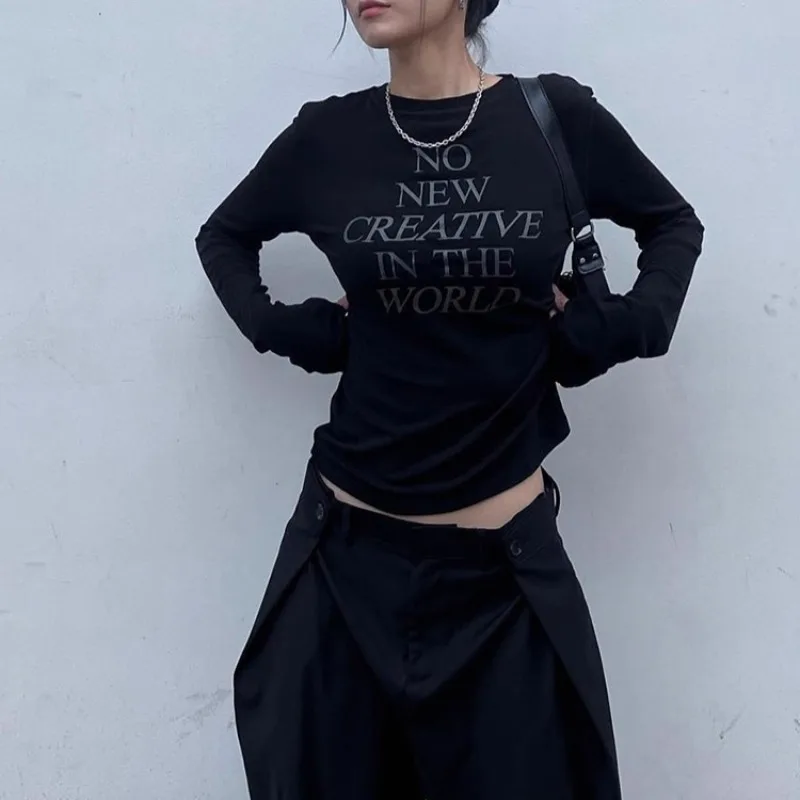 

Korean Retro Letter Printing Casual Long-sleeved T-shirt Women 2025 Autumn New High Street Sexy Slim All-match Black Tops