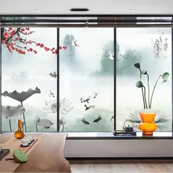 Anti UV Privacy Window Film Ink Lotus Pattern Frosted Glass Window Sticker Glue-Free Static Cling Bathroom Door Decorative Film