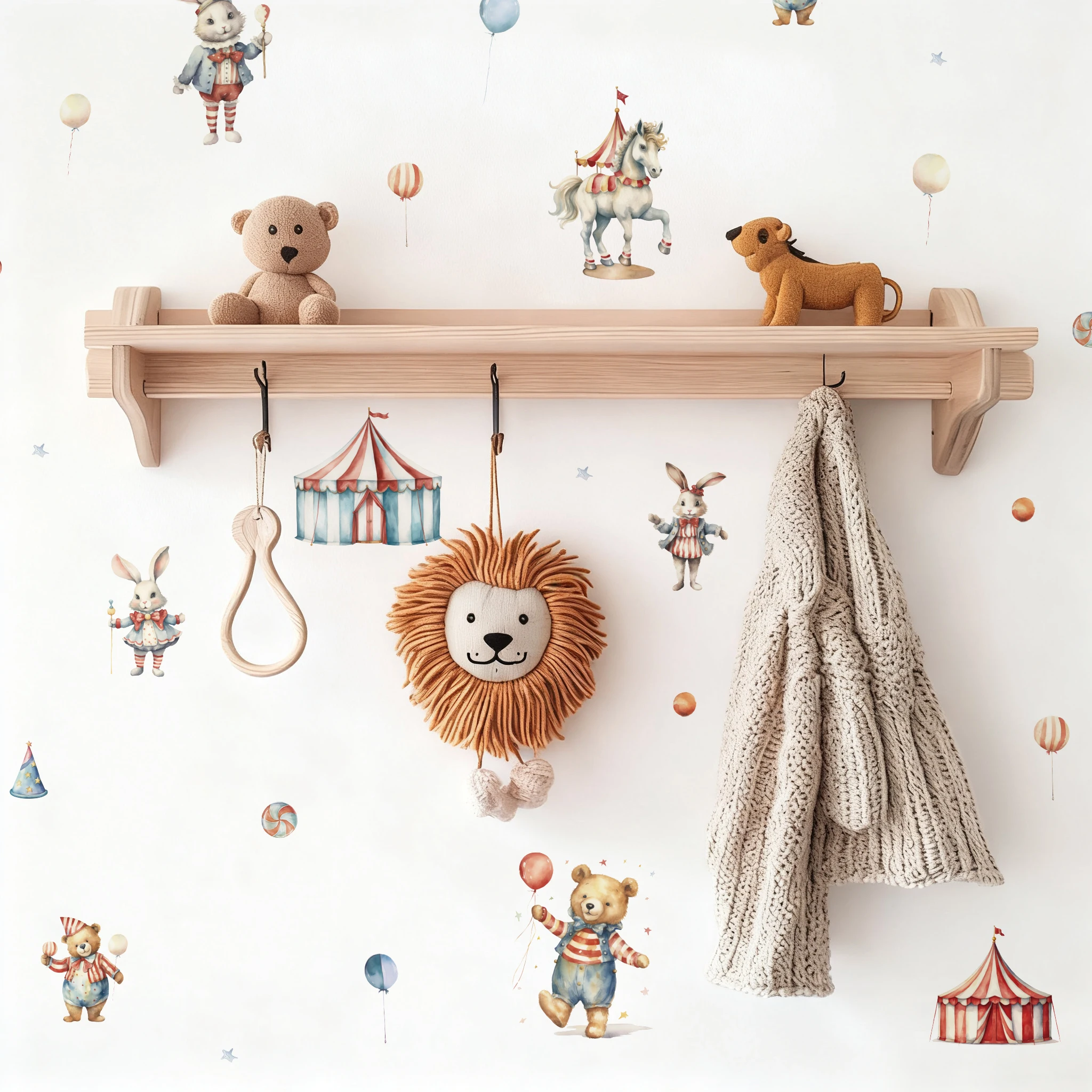 Boho Vintage Cute Teddy Baby Sailboat Ball Wall Stickers for New Neutral Baby Kids Room Decor, Nursery Wall Art Gift