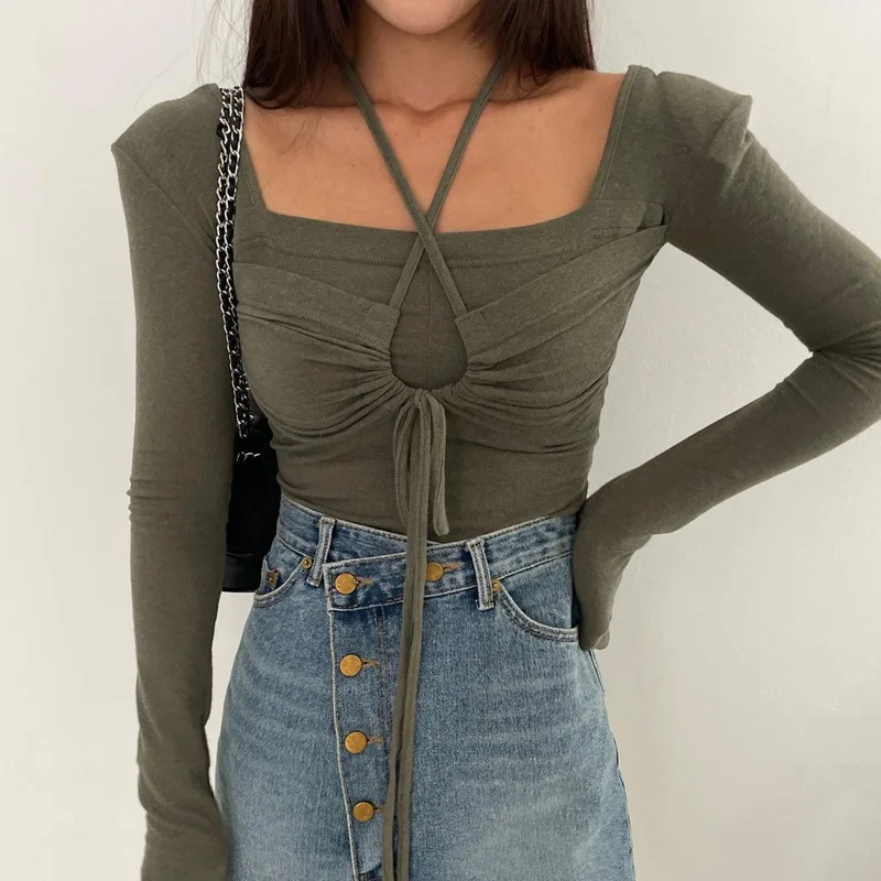 

Autumn and Winter New Fashion Design Sense Cutting Square Neck Hanging Neck Pleated Strap Slim Fit Long Sleeve Top for Women Y2K