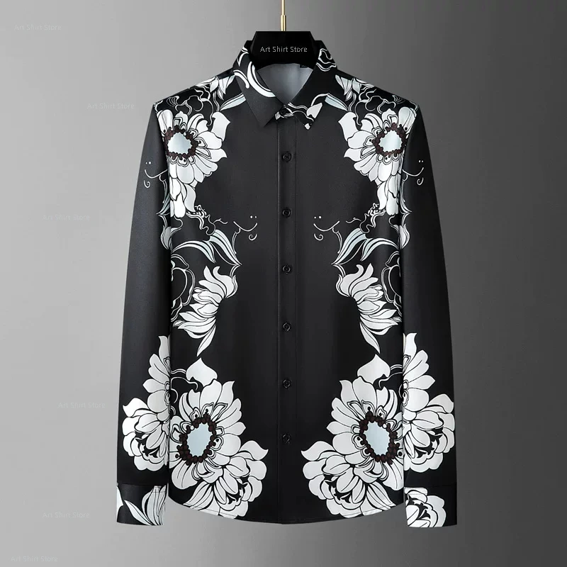 

European and American new fashionable men's luxury fashionable personalized printed slim long-sleeved shirt