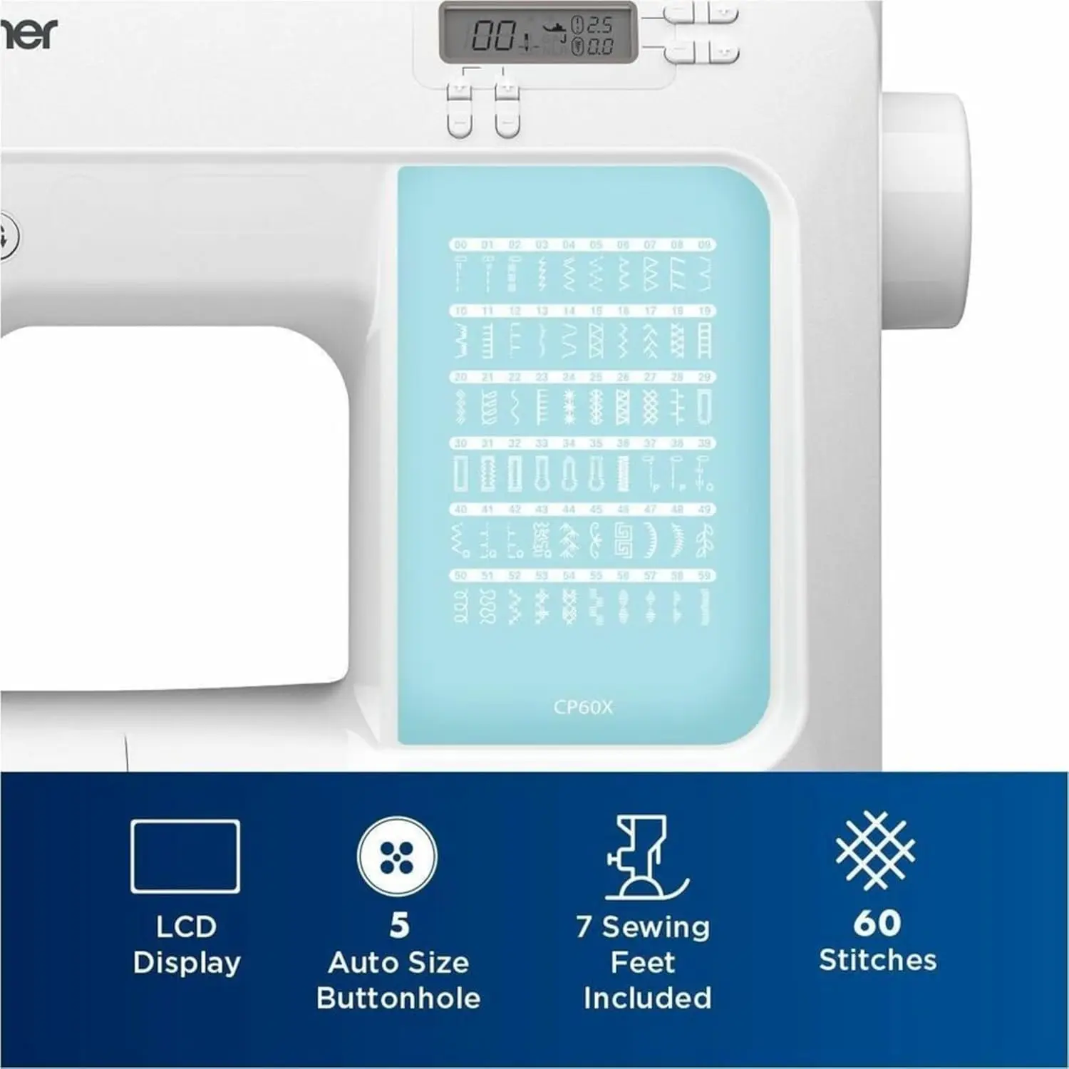 Macchina da cucire computerizzata Cp60X, 60 punti incorporati, Display Lcd, 7 piedi inclusi, bianco