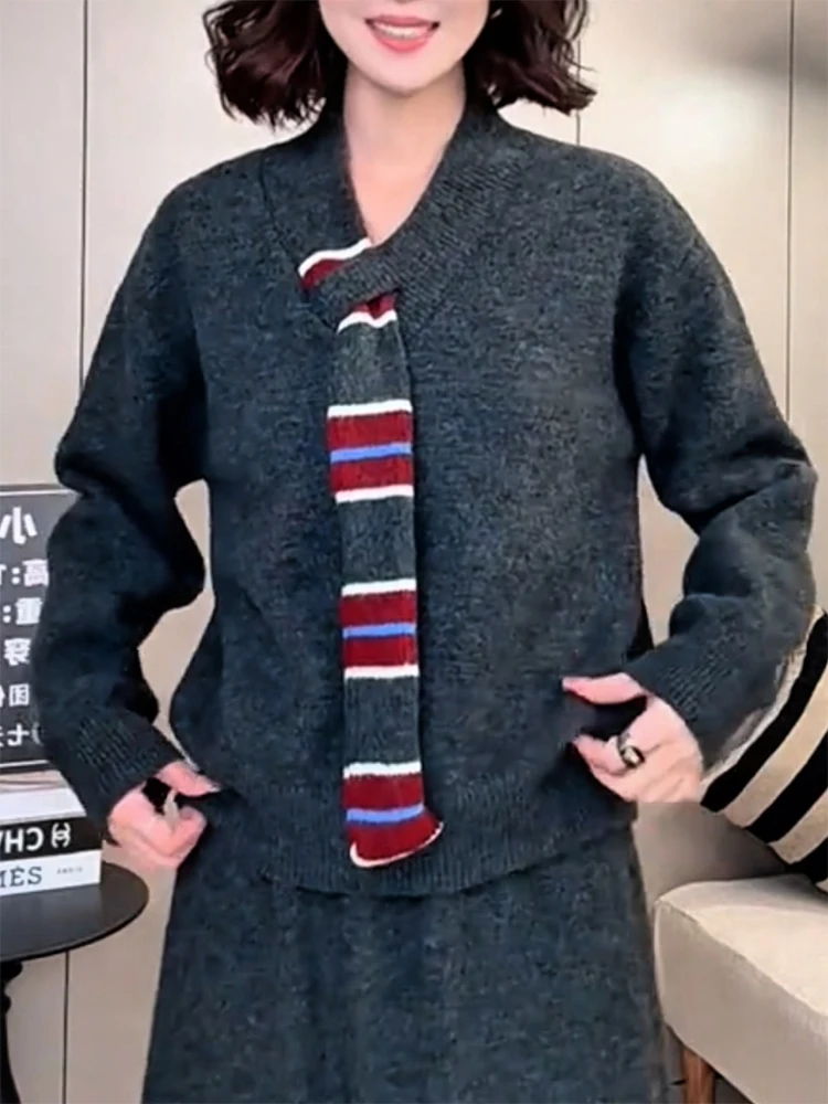 

Korean Sle V-Ne Sweater with Sa Color Blo Lazy Sle Autumn Winter New Arrival plus Size Ele Slimming Top for Women