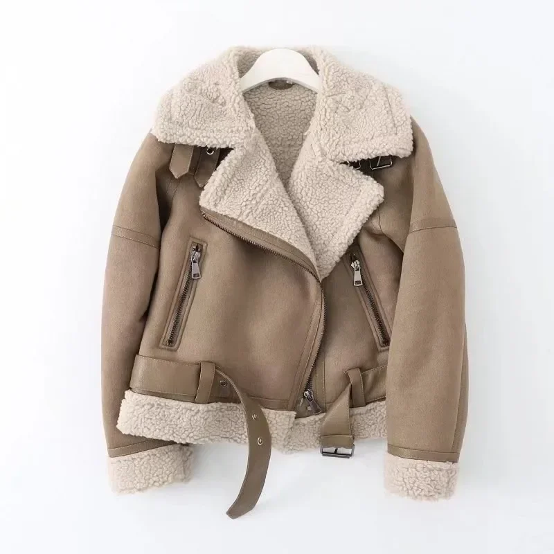 Winter Women Thick Warm Suede Lamb Jacket Short Motorcycle Brown Coats Faux Shearling Sheepskin Leather Jackets Outwear