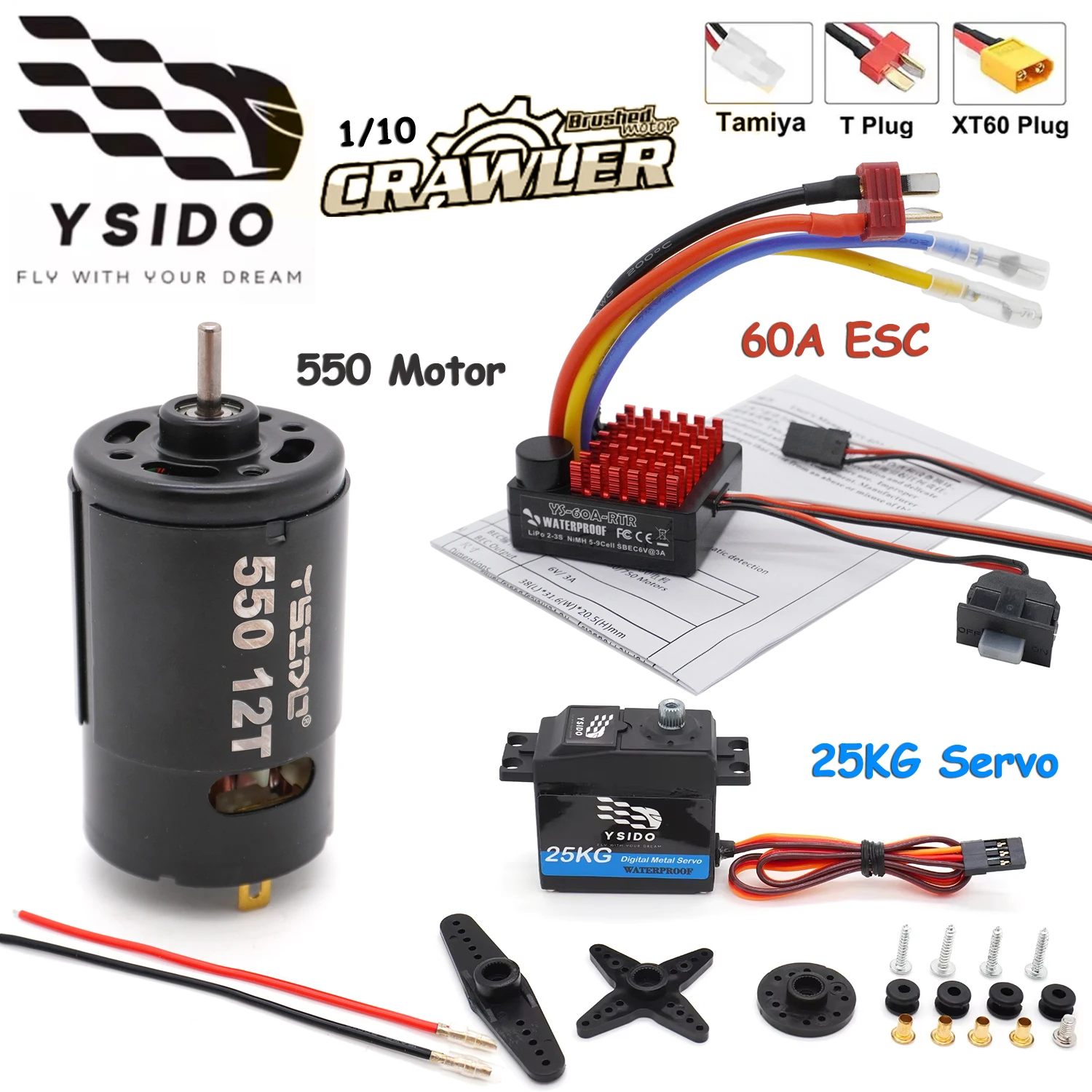 

YSIDO 550 Combo 550 Brushed Motor 60A ESC 25KG Servo for 1:10 RC Crawler Axial SCX10 AXI03007 JL 90046 Traxxas TRX4 TRX6 RC Car