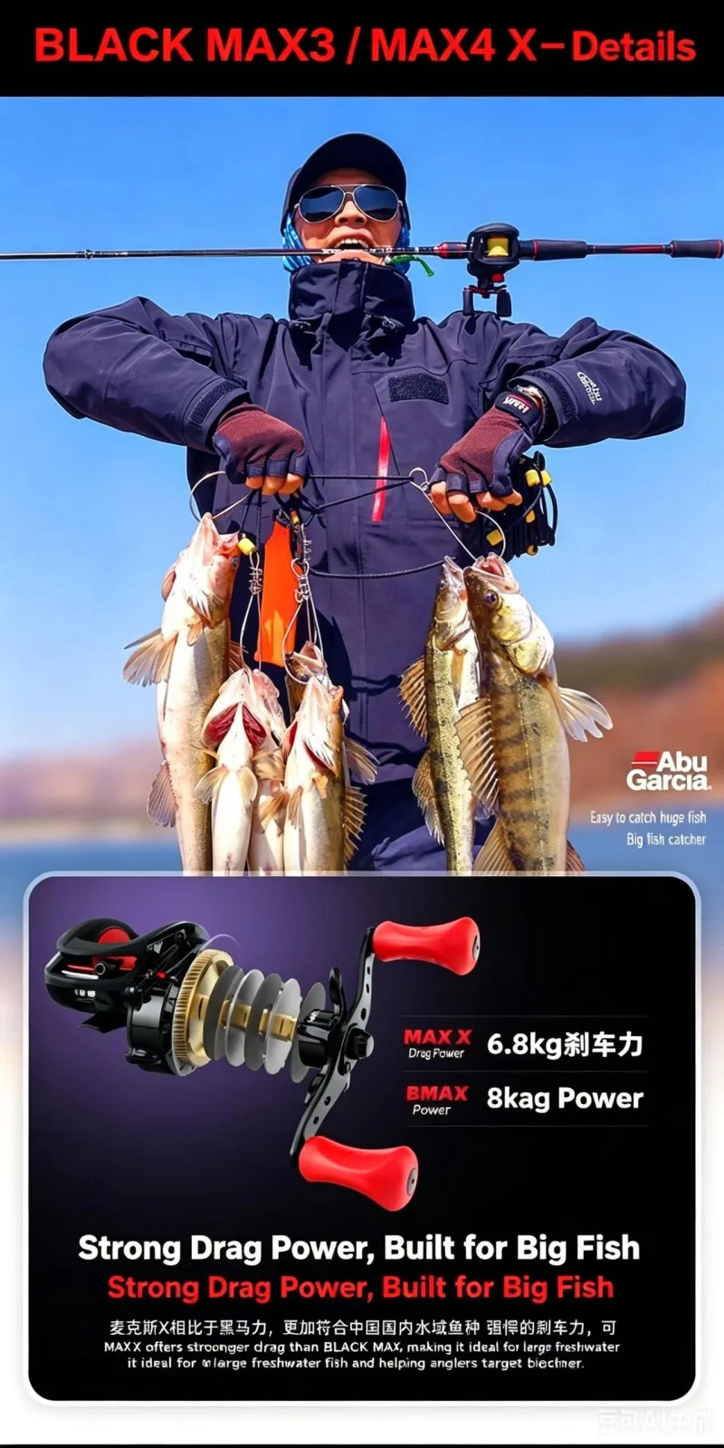 ABU GARCIA Original BMax3 Links-Rechts Baitcasting-Angelrolle 6.4:1 Maximale Bremskraft Wassertropfen-Baitcasting-Angelrollen – Detail 9