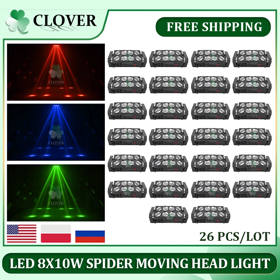 NO Tax 26Pcs/Lot Led Spider light 8X10W RGBW Moving Head Beam Light 8 eyes led moving head DJ effect lighting for bar nightclub