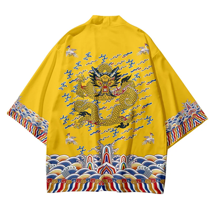 Chinese Style Dragon Print Traditional Kimono Japanese Fashion Beach Yellow Cardigan Tops Women Men Cosplay Haori Asian Clothing