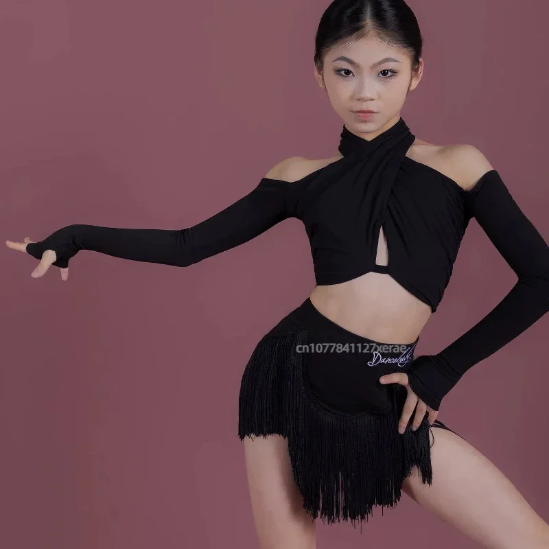 Traje de baile latino, falda con borlas de manga larga para niñas, nuevo conjunto de baile latino para niñas, puesta en escena en grupo