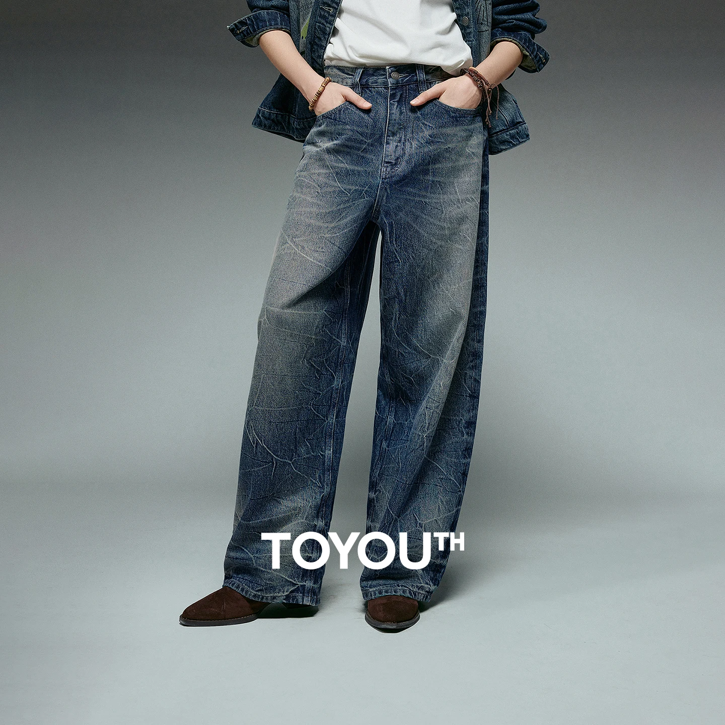 TOYOUTH Women Jeans 2026 Winter New Ice Crack Pattern Loose Wide-Leg Pure Cotton Banana Pants