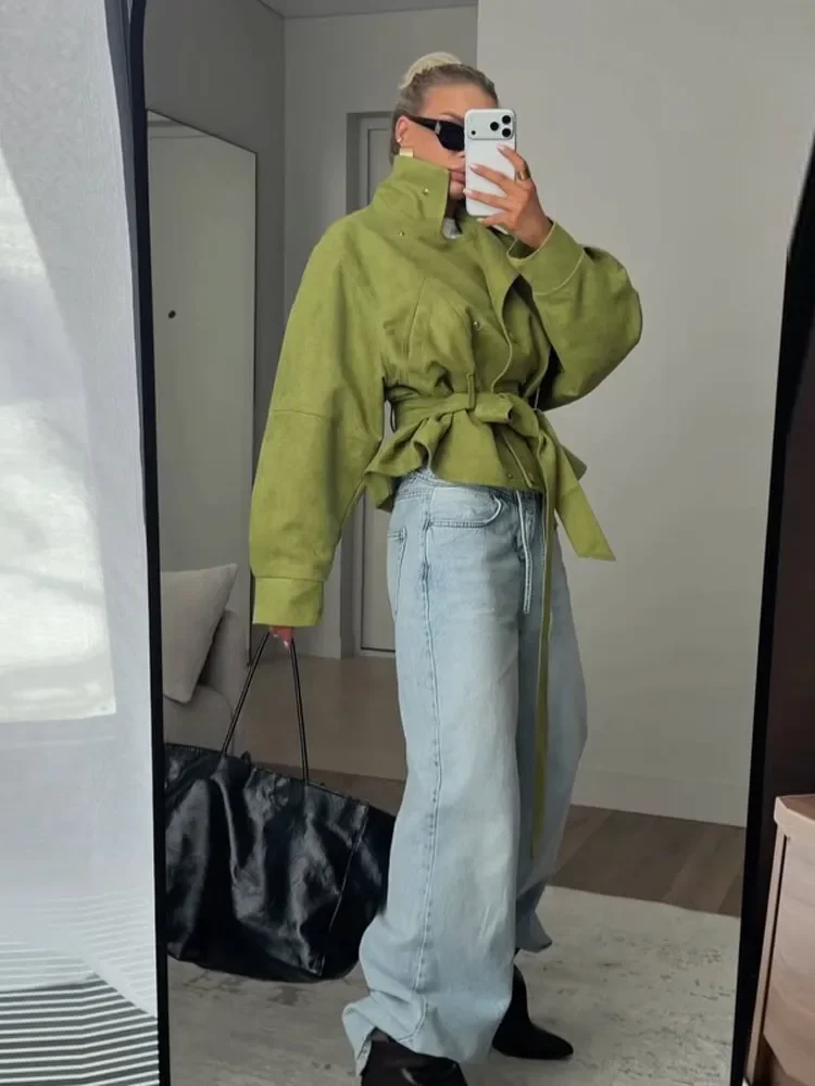 Damenmäntel mit Stehkragen, Schnürung an der Taille, kurze Windjacke, Frühlingsjacke für Damen, langärmlig, schmal geschnitten, modische neue Oberbekleidung – Detail 13