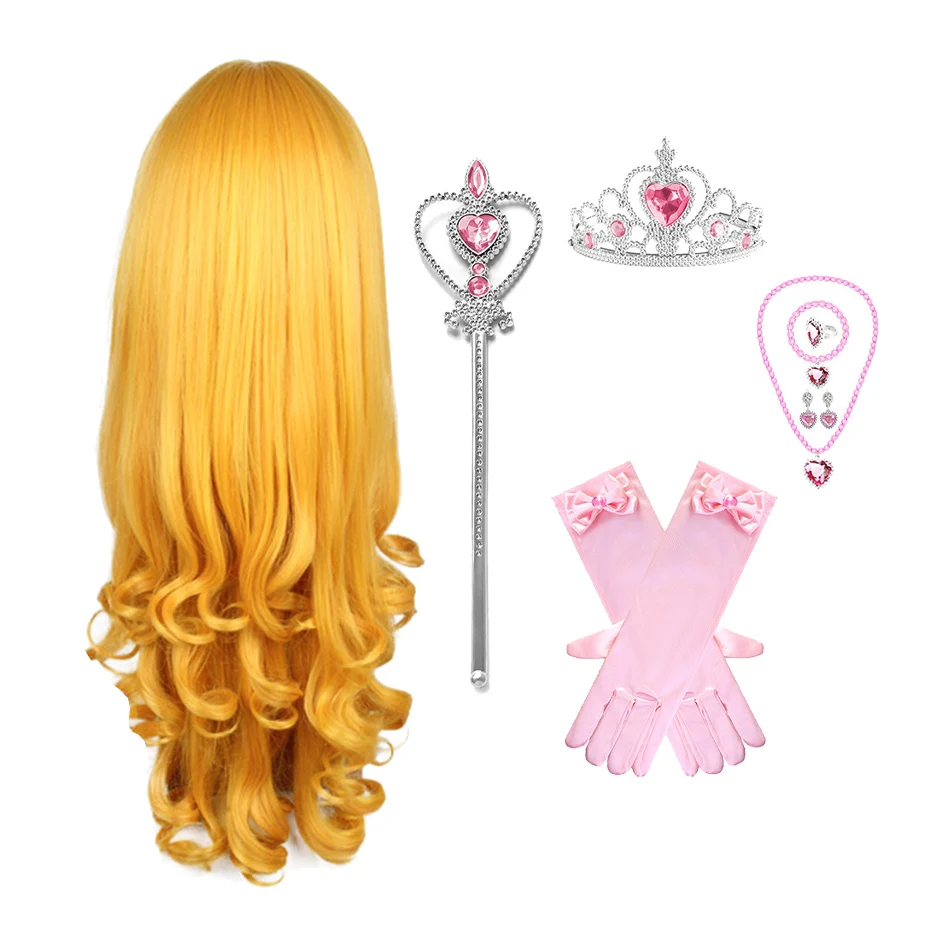 Costume Princesse Elsa – Robe Longue Bleue + Gants, Couronne, Baguette, Tresse – Tailles 100-150 Cm