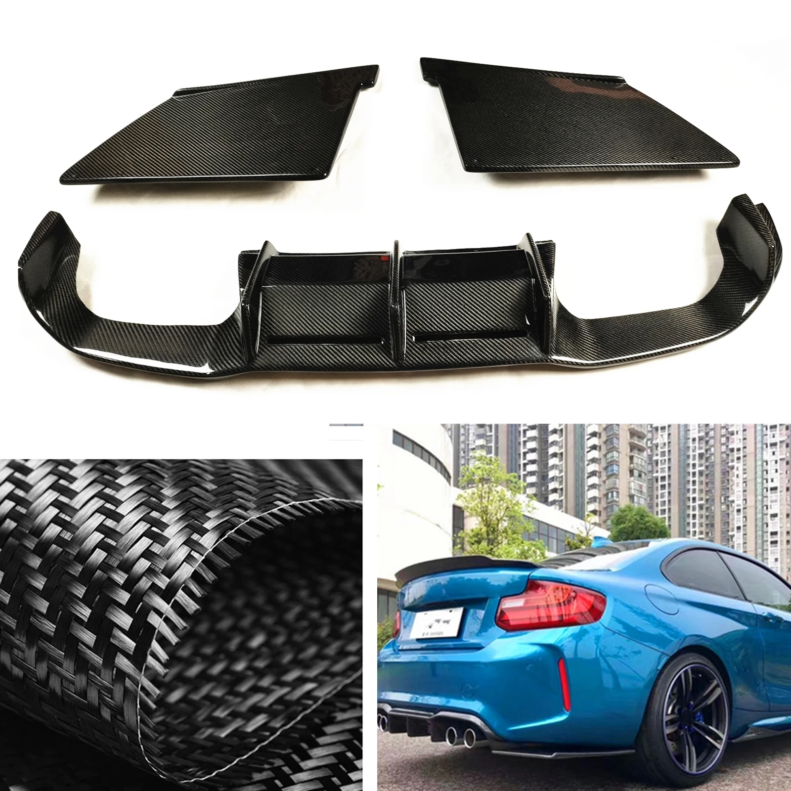 Car Rear Diffuser Bumper Lip & Side Lower Splitter Cover Spoiler Guard Carbon Fiber For BMW F87 M2 2016-2022