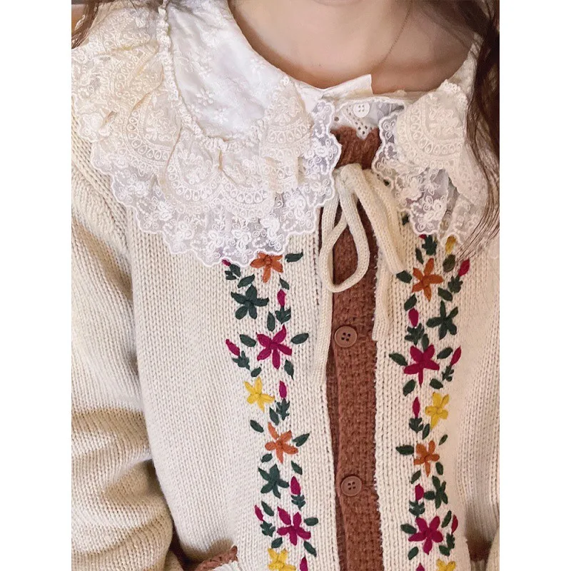 Spring and Autumn Plants and Flowers Fragmented Flowers Embroidered Knitted Cardigan, European and American Lazy Sweater Coat