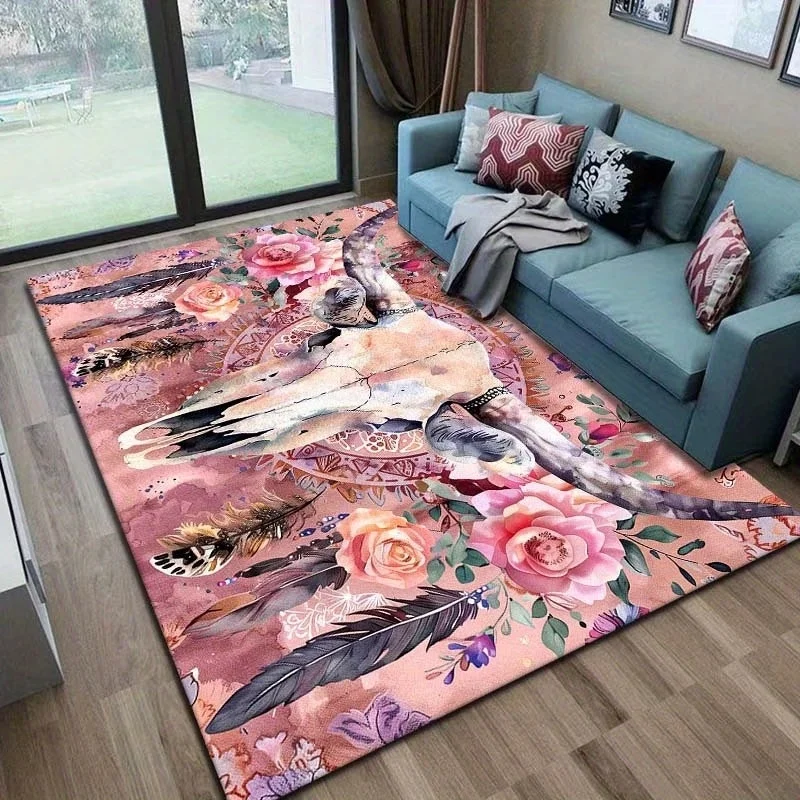 Newest Cow Skull Rose Feather Bohemian Large Area Rug Non Slip Western Living Room Carpet
