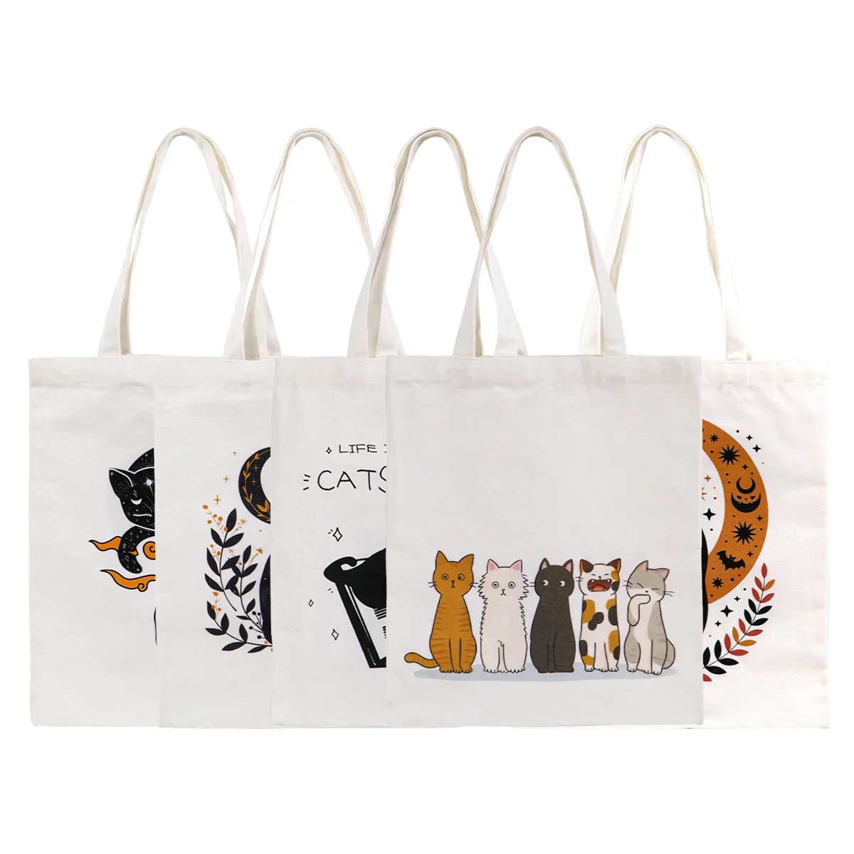 

Cute Black Cat Canvas Eco-friendly Shopping Bags Machine Washable Tote Bag White High-capacity Storage Bag Fashion Handbag Gifts
