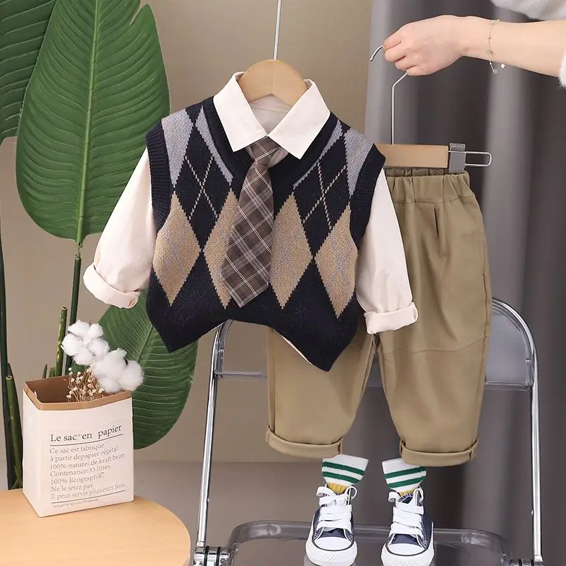 

Baby Boys Children Suits Gentleman Suits Spring Winter Kids Casual Jumper knitted Vest Waistcoat +Shirt+Loose Pants 3Pcs Sets