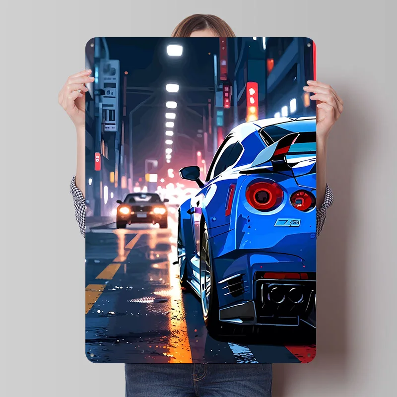 Póster Metálico de Coche Deportivo Azul en la Calle de la Ciudad, Arte de Pared Personalizado, Letreros Retro Vintage de Hojalata para Decoración de Man Cave, Escritorio, Accesorios de Bar
