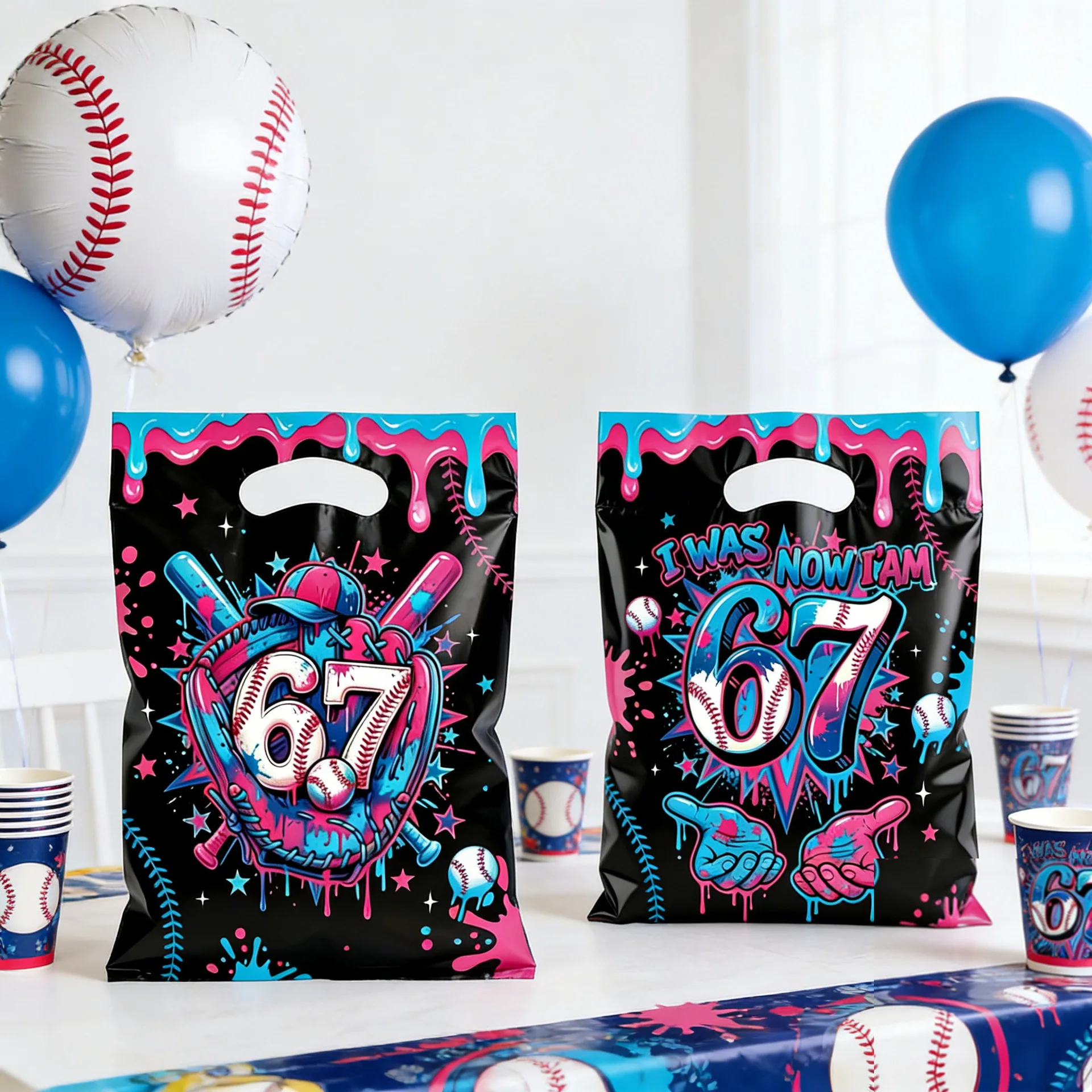 Immagine 5: Divertenti Sacchetti Regalo per Feste di Compleanno 67 Six Seven, Sacchetti di Plastica per Caramelle, Articoli per Feste per Bambini e Bambine, Baby Shower