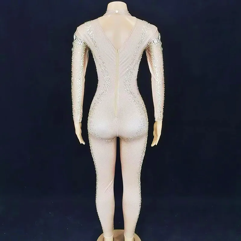 จั๊มสูทรัดรูปประดับเพชรระยิบระยับสำหรับผู้หญิงไนท์คลับนักร้องการแสดงบนเวทีเครื่องแต่งกายดีเจนักเต้นปาร์ตี้แสดงคริสตัลชุดรัดรูป