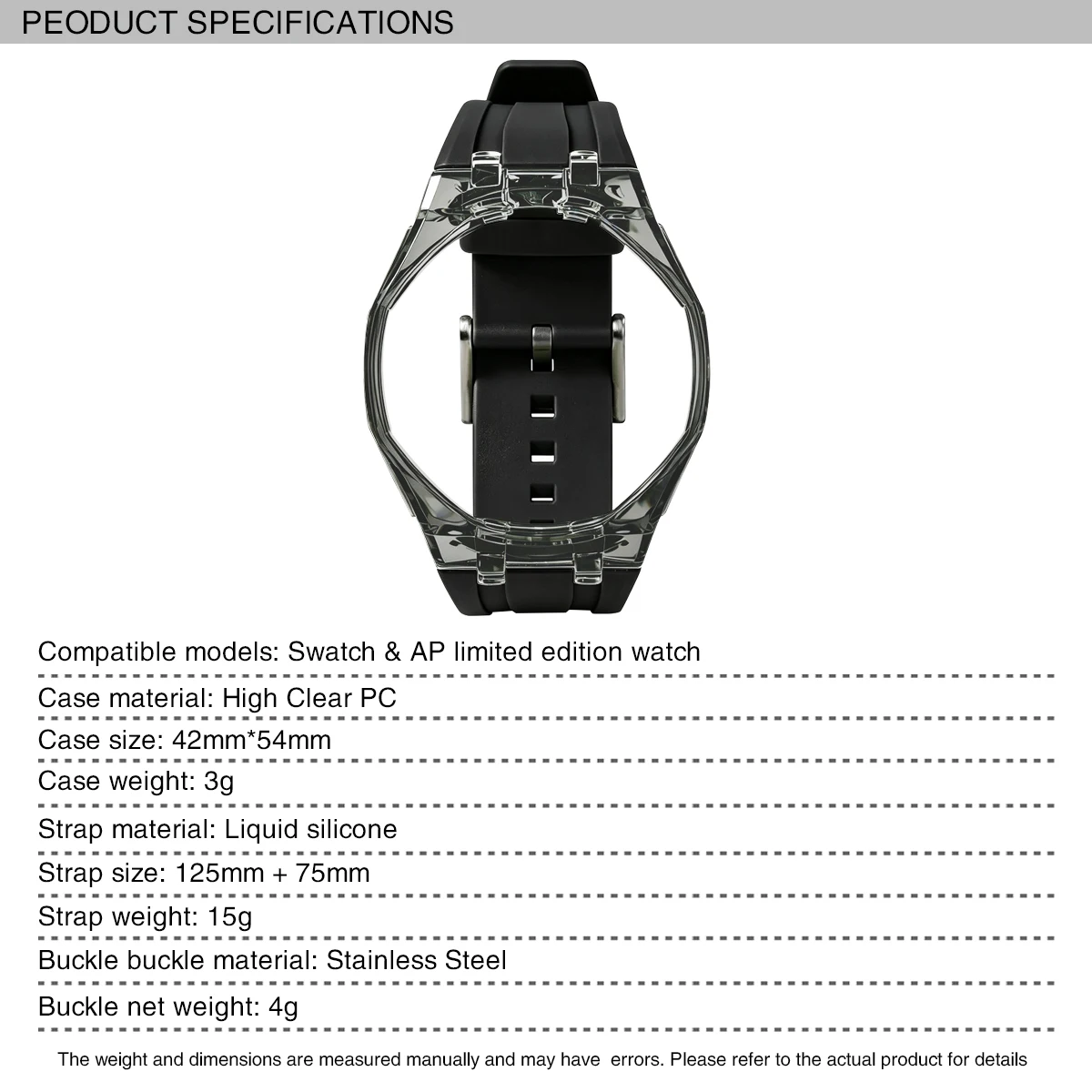 S-watch watch black transparent case, colored rubber strap, watch modification accessories.