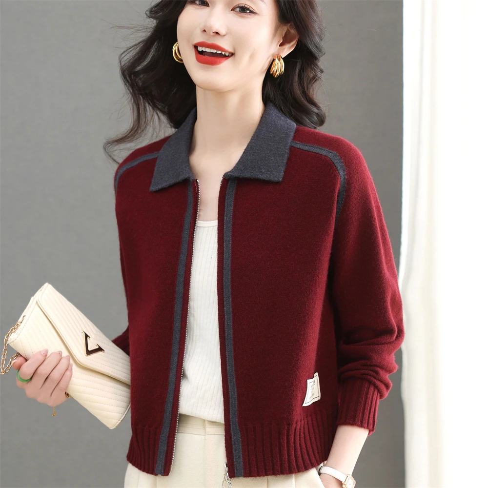 

Women's Knitted ort Cardigan Spring Autumn Faion Double Zipper Outerwear Turn-down Collar Top Trendy Open-front Sweater