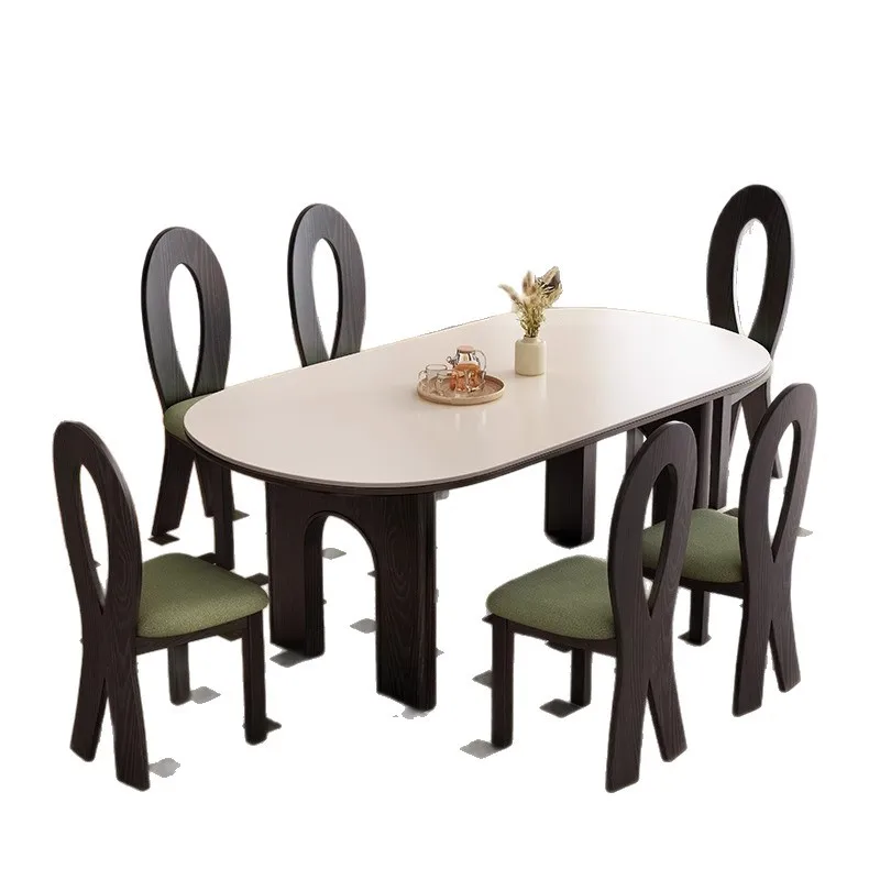 French retro rock slab dining solid wood dining table and chair combination medium antique oval white wax household dining table